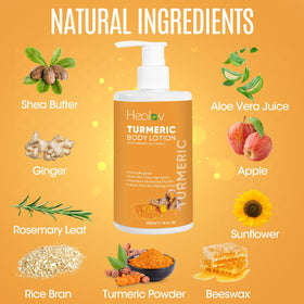 Healov turmeric lotion bottle beside hand to show size and scale