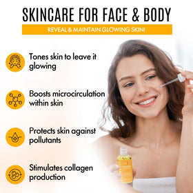 Healov applying turmeric oil to cheek demonstrating spot treatment and smoothing