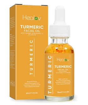Healov front bottle shot showing clean turmeric oil packaging and calming benefits
