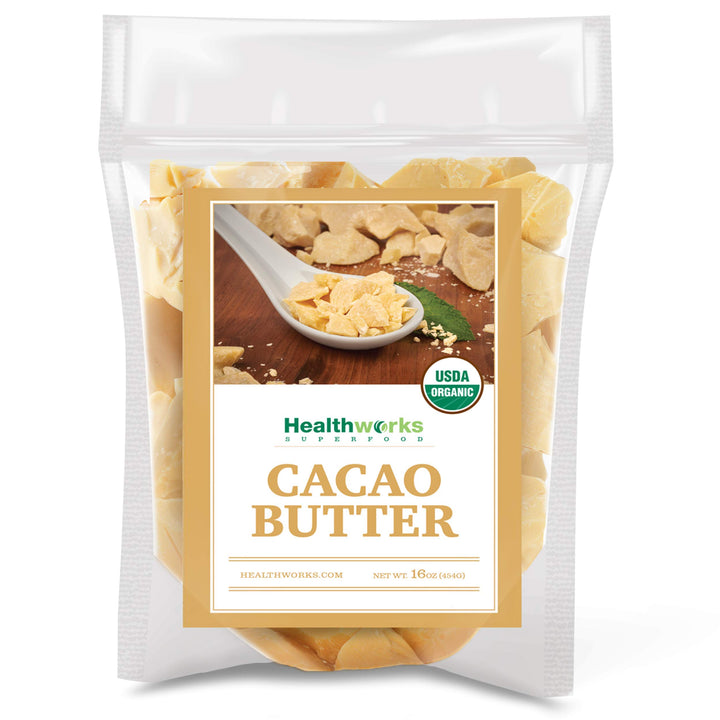 Healthworks cacao butter front package showing size and organic label benefit