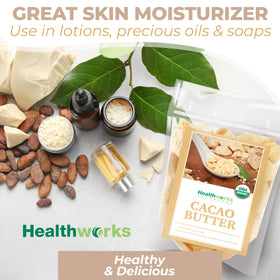 Healthworks cacao butter ingredients label emphasizing USDA organic benefit