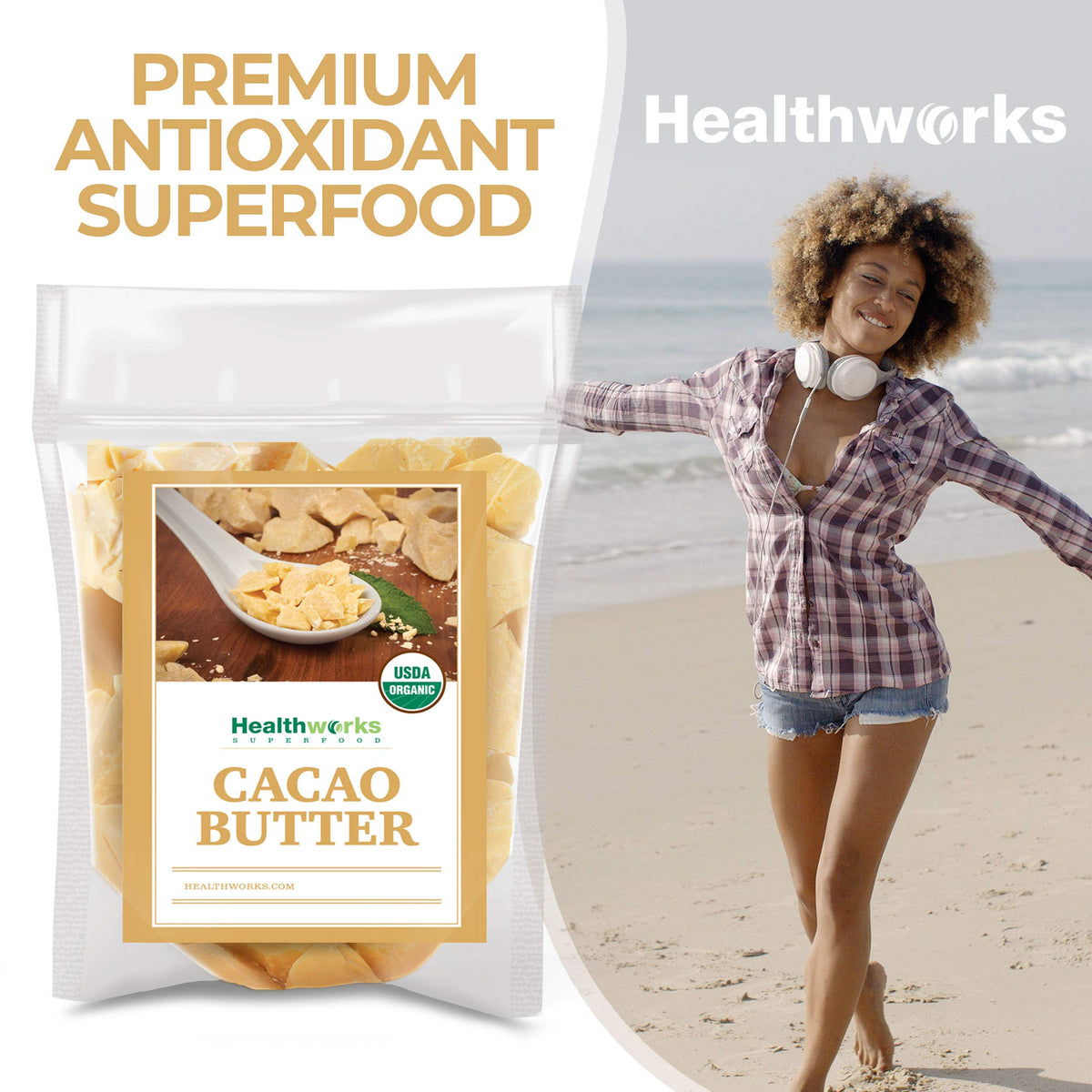 Healthworks cacao butter in bowl with ingredients for chocolate making benefit