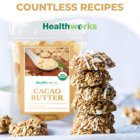 Healthworks cacao butter with Peru origin map highlighting small-farm sourcing benefit