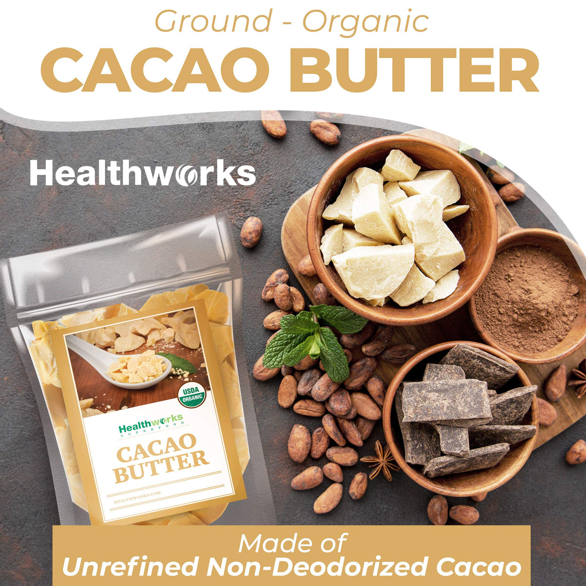 Healthworks cacao butter poured melt illustrating smooth melting for recipes