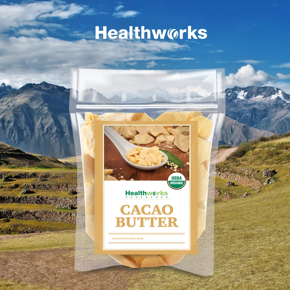 Healthworks cacao butter on kitchen scale showing precise measurement benefit