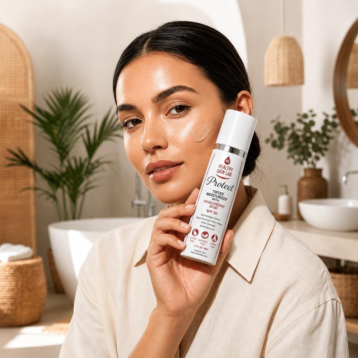 Healthy Skin Lab application on model's face, shows even blending and non-greasy finish