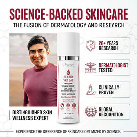Healthy Skin Lab on bathroom counter with skincare, portrays daily routine and layering benefit