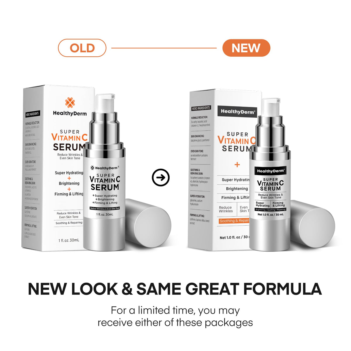 HealthyDerm ingredient flatlay with vitamin C, niacinamide and hyaluronic acid