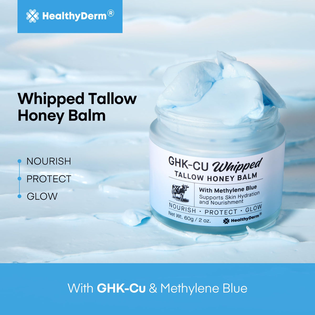 HealthyDerm balm warmed on hands demonstrating fast absorption and supple feel