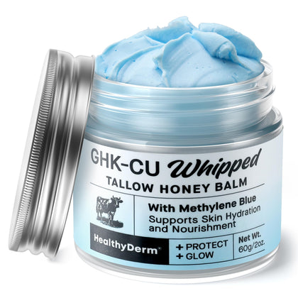 HealthyDerm jar front view showing blue balm and compact 2oz size benefit