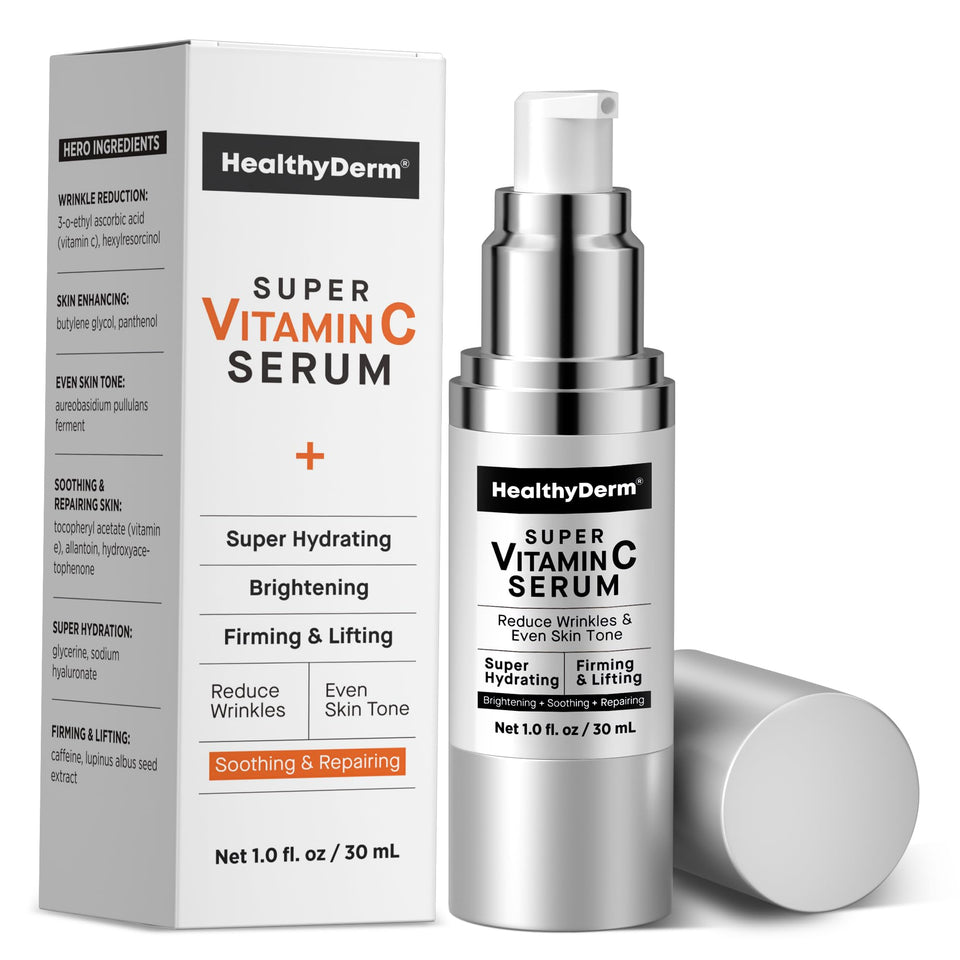 HealthyDerm front packaging showing serum bottle and benefits