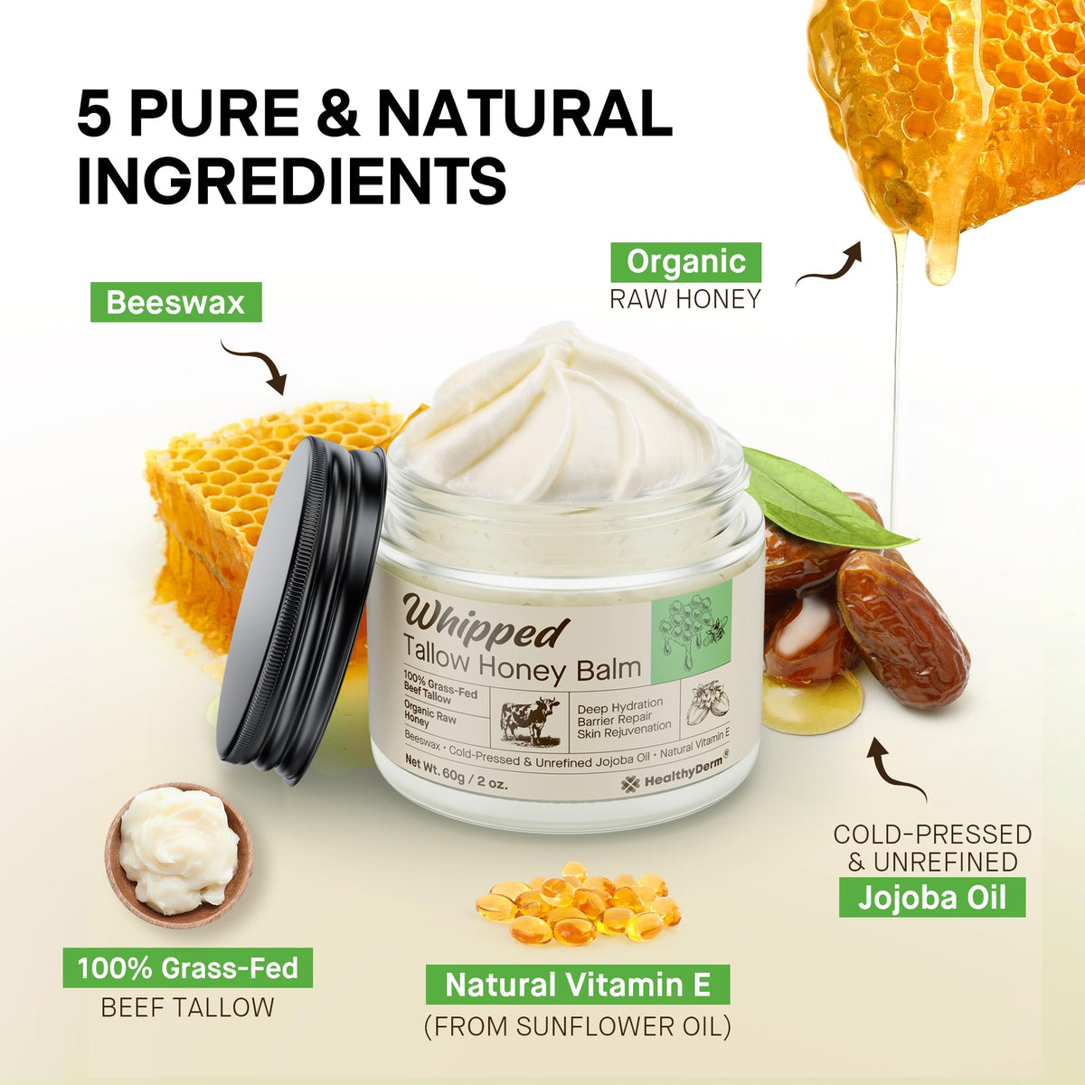 HealthyDerm jar beside honey and jojoba highlighting natural ingredients