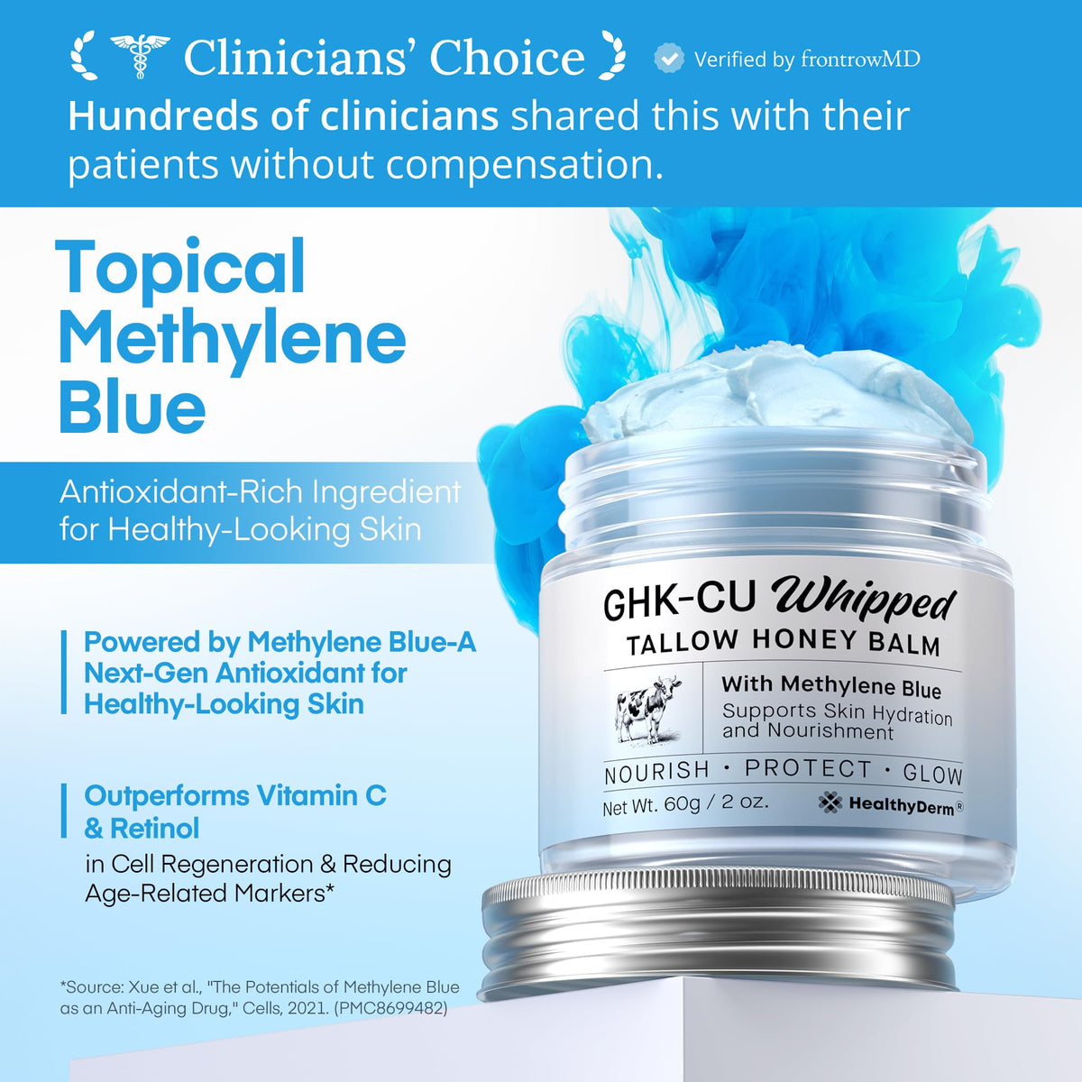 HealthyDerm open jar top view revealing rich blue balm, easy scoop benefit