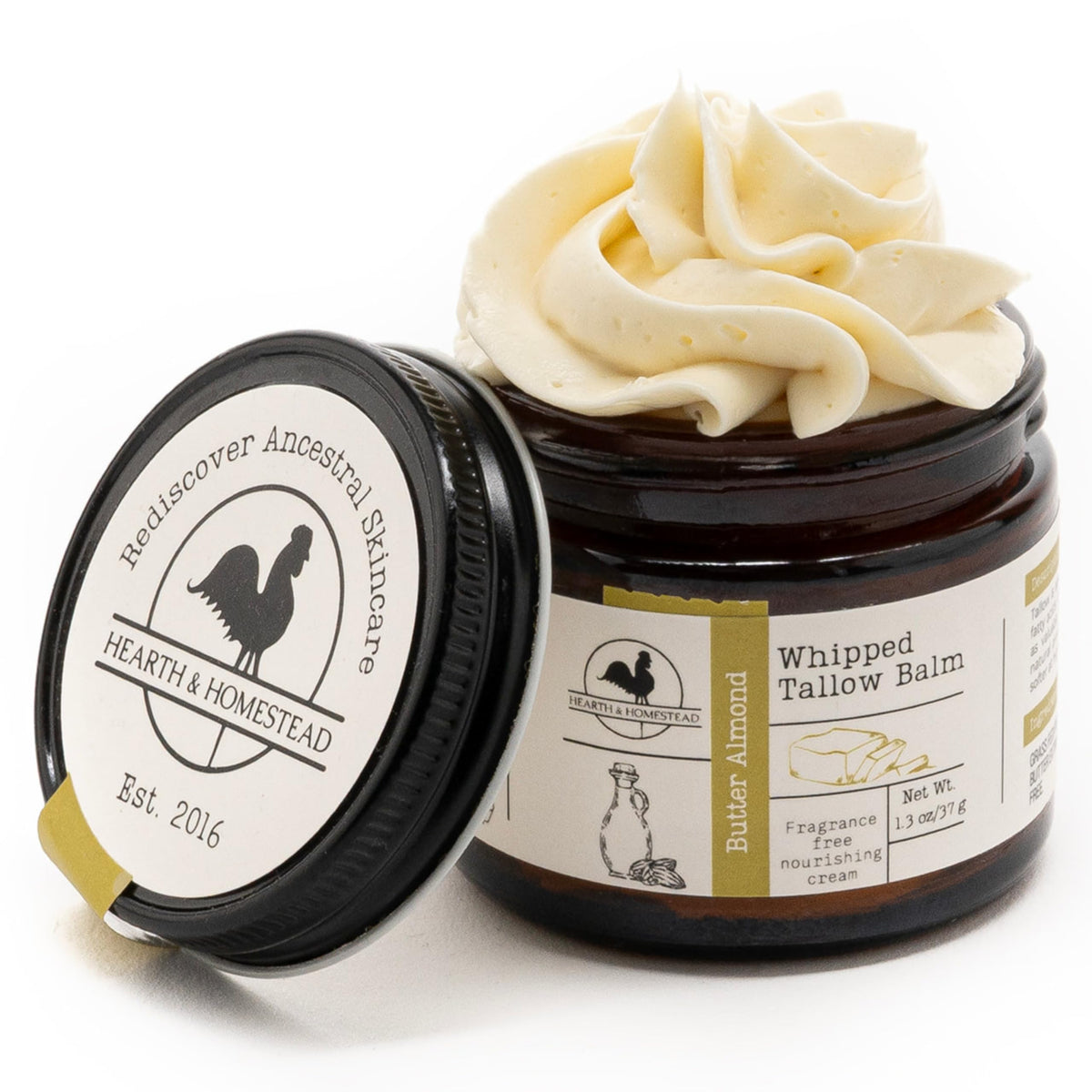 Hearth and Homestead front jar showing butter almond label and benefits