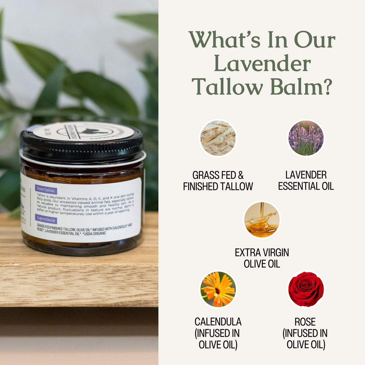 Hearth and Homestead tin beside calendula and lavender showing soothing botanicals