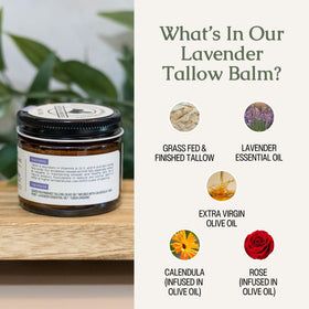 Hearth and Homestead tin beside calendula and lavender showing soothing botanicals