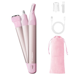 HEBECA trimmer staged with makeup bag to illustrate everyday lifestyle portability