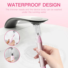 HEBECA trimmer held in hand to show portable size and travel-ready convenience