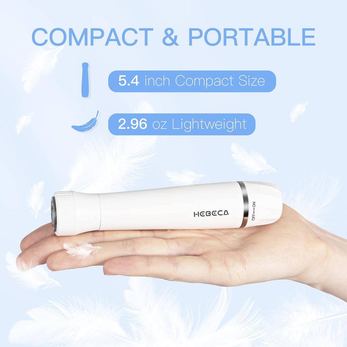HEBECA trimmer held in hand demonstrating compact scale for travel convenience