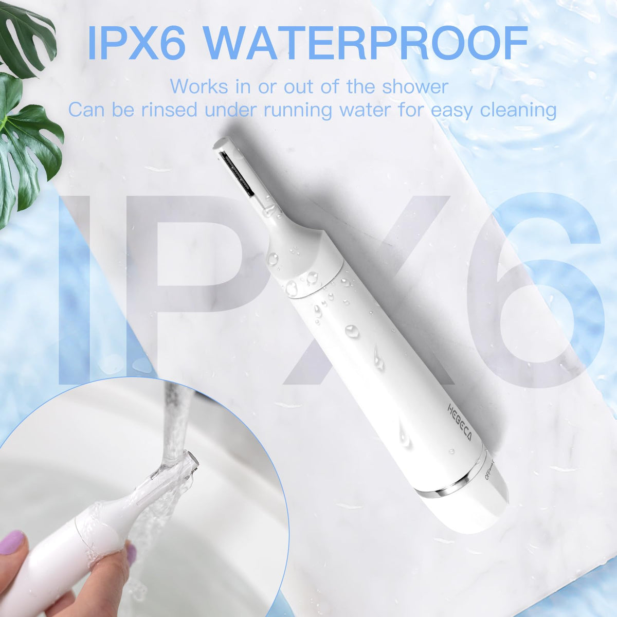 HEBECA trimmer rinsed under water illustrating IPX6 easy cleaning benefit