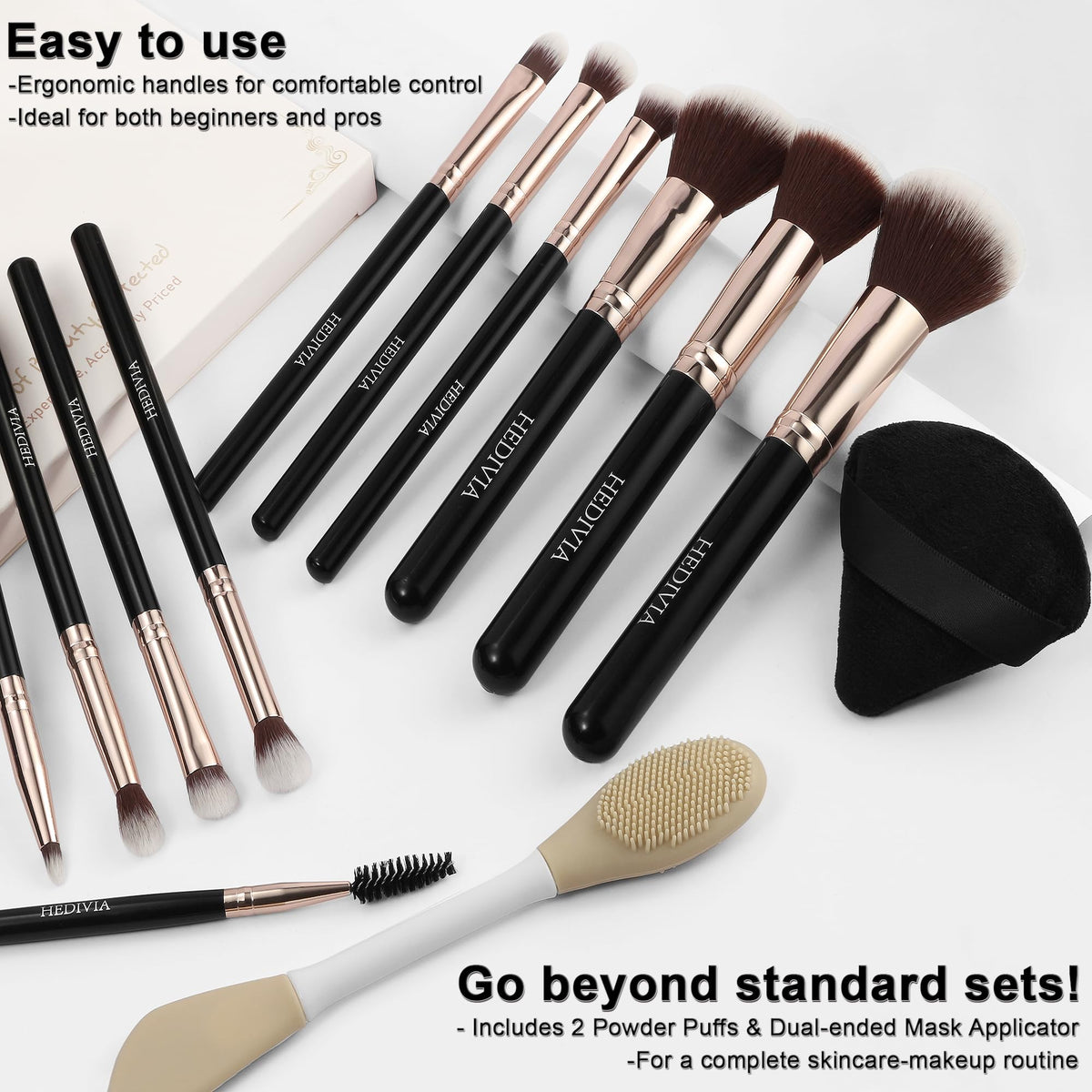 HEDIVIA foundation and concealer brushes demonstrating dense coverage benefit