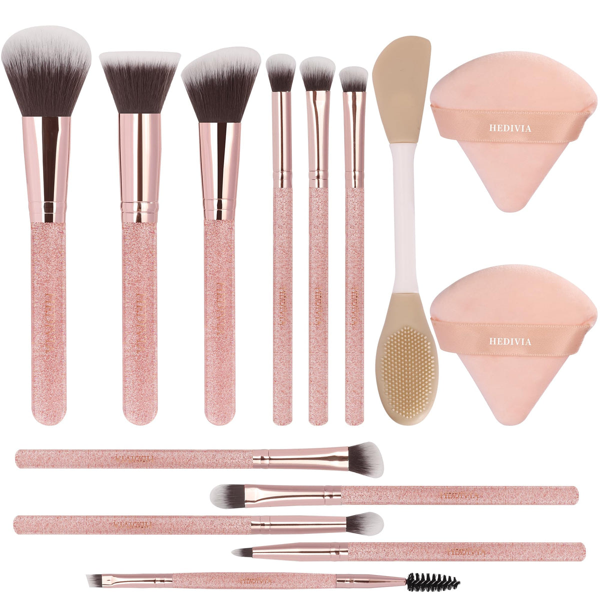 HEDIVIA front packaging showing pink brush set and travel case, professional convenience