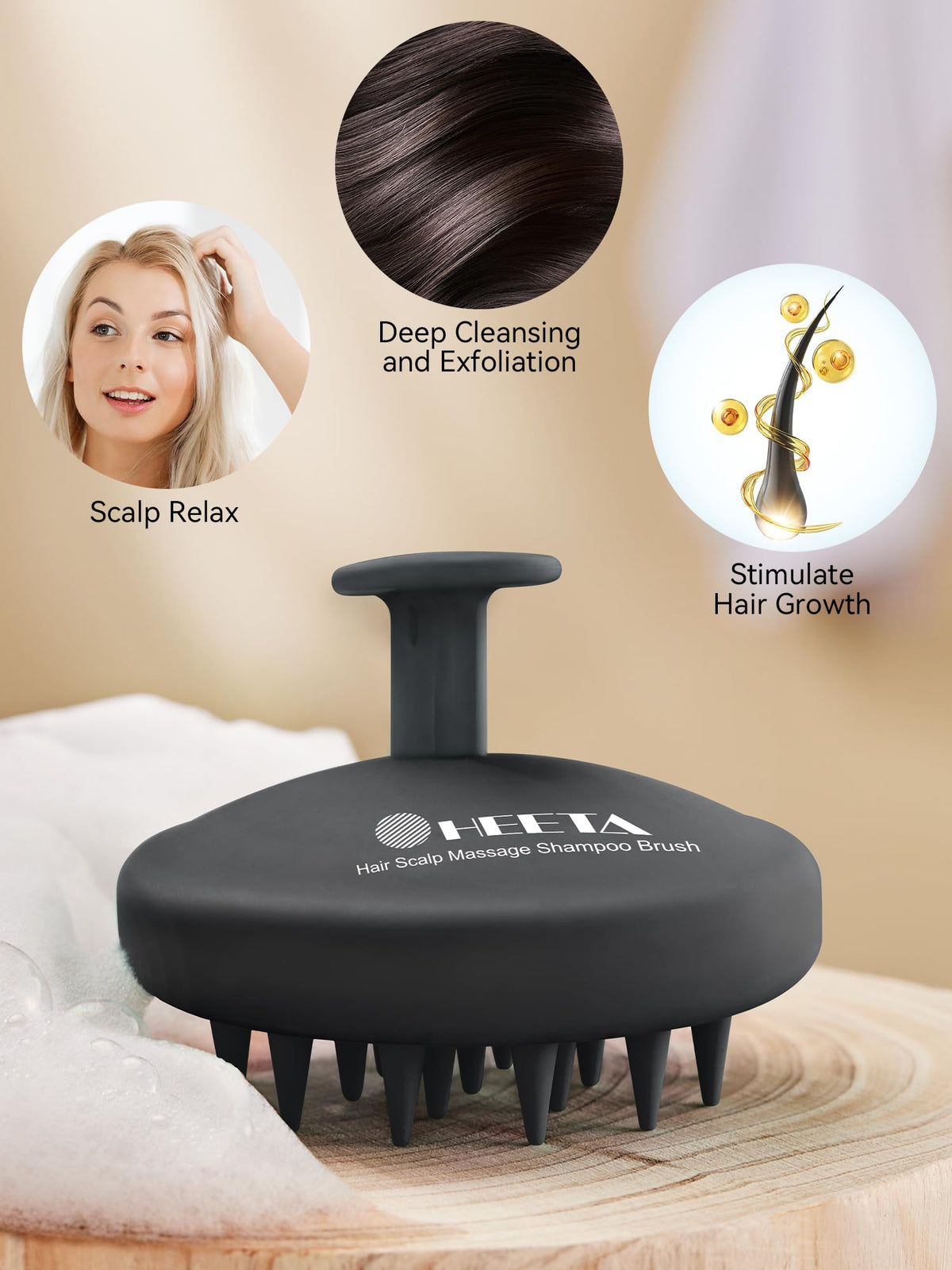 HEETA used on dry hair for a relaxing scalp massage that boosts circulation
