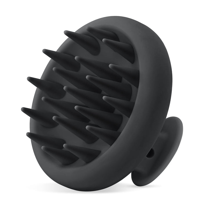 HEETA front view showing compact scalp massager and sleek black finish for easy storage