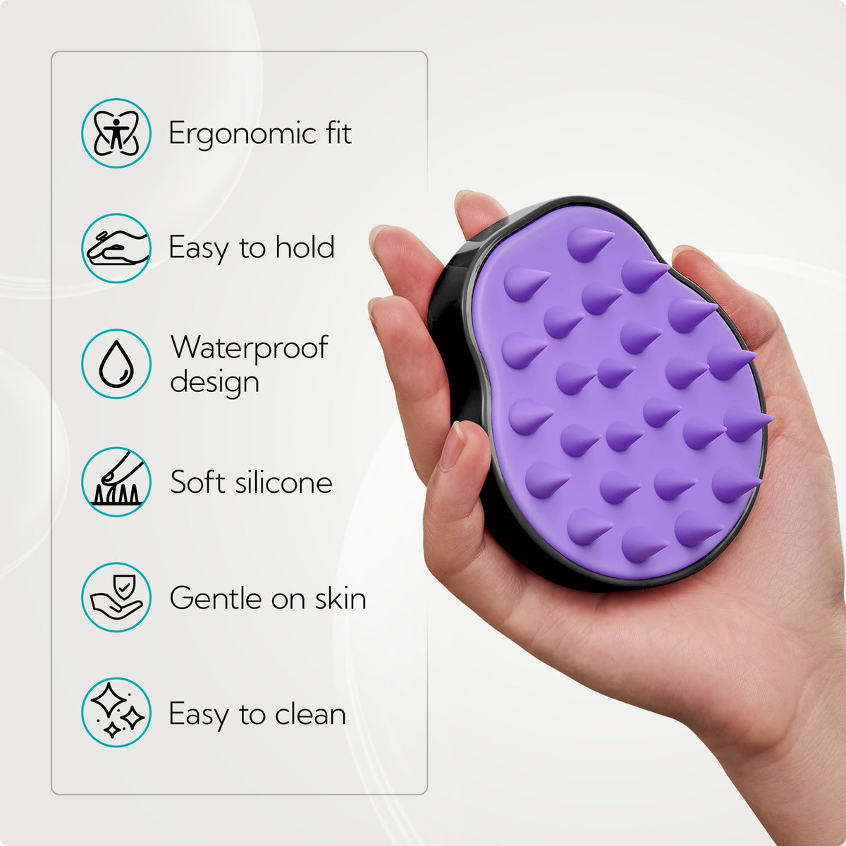 HEETA brush in shower with shampoo lather showing easier scalp cleansing