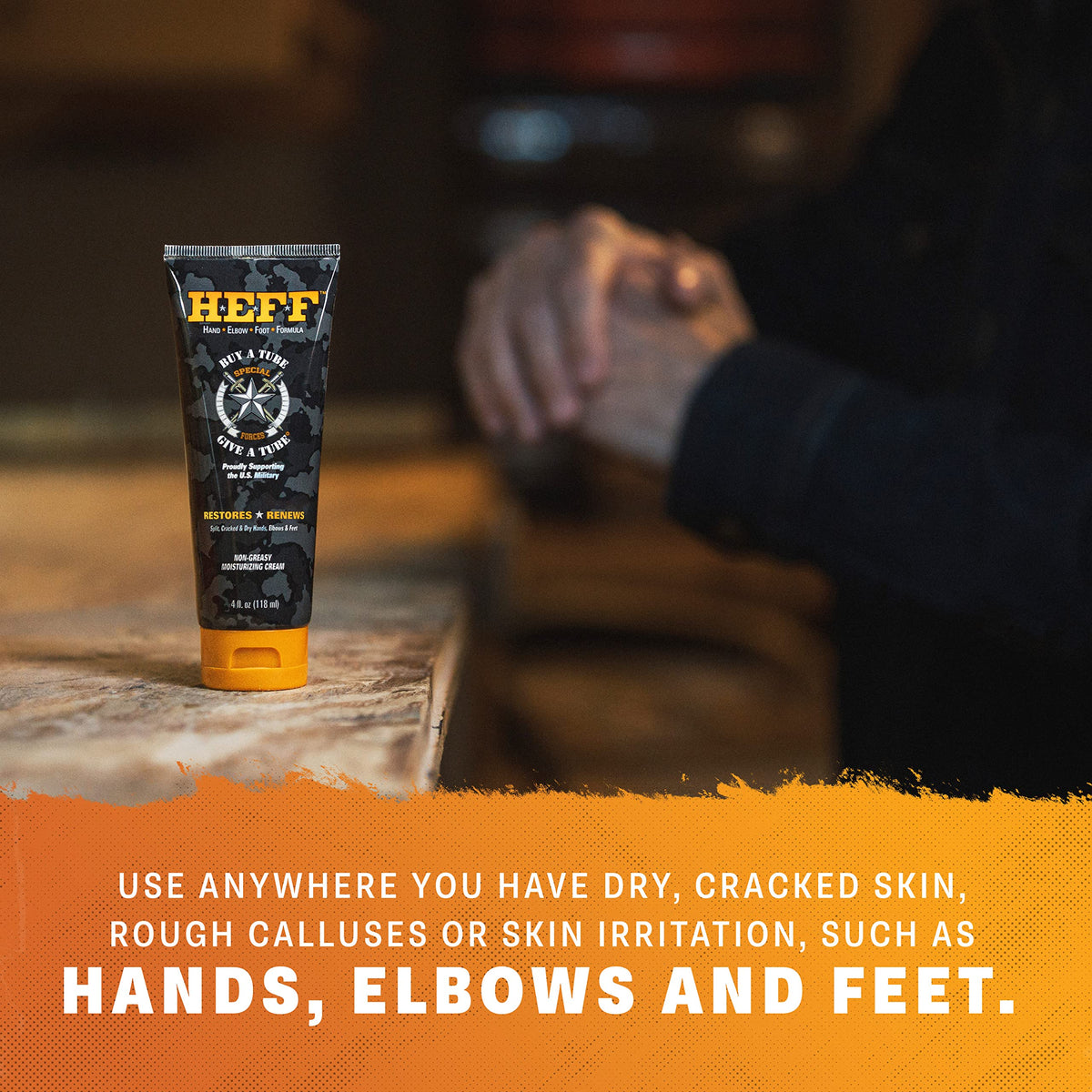 Heff used on elbow and foot illustrating callus softening benefit