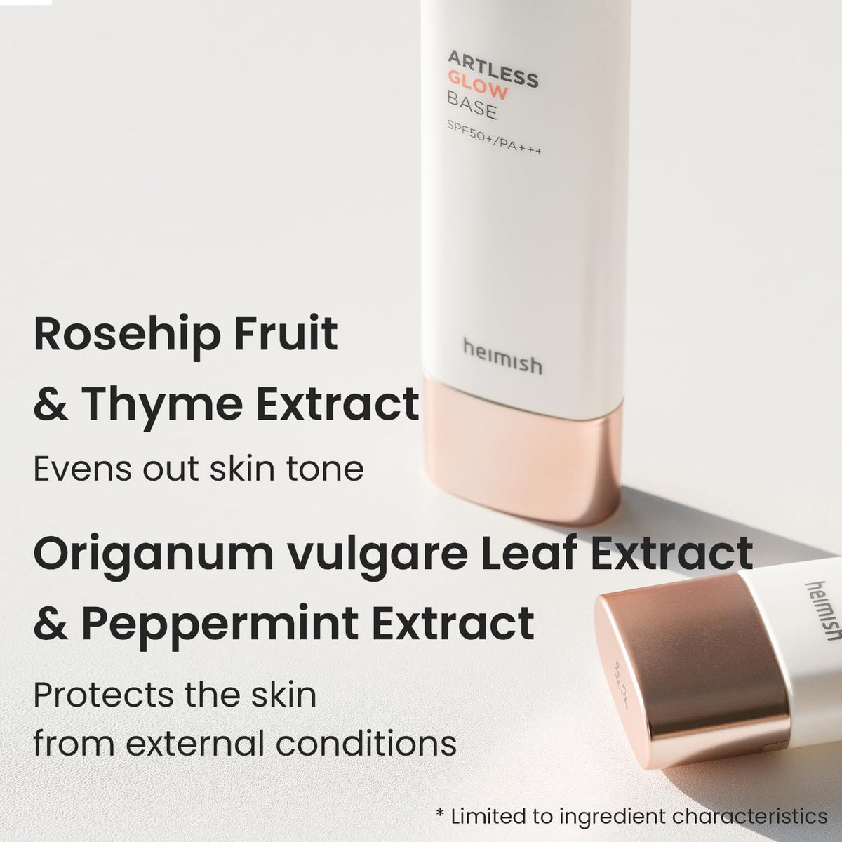 HEIMISH product label highlighting SPF50+ PA++++ and ingredient list