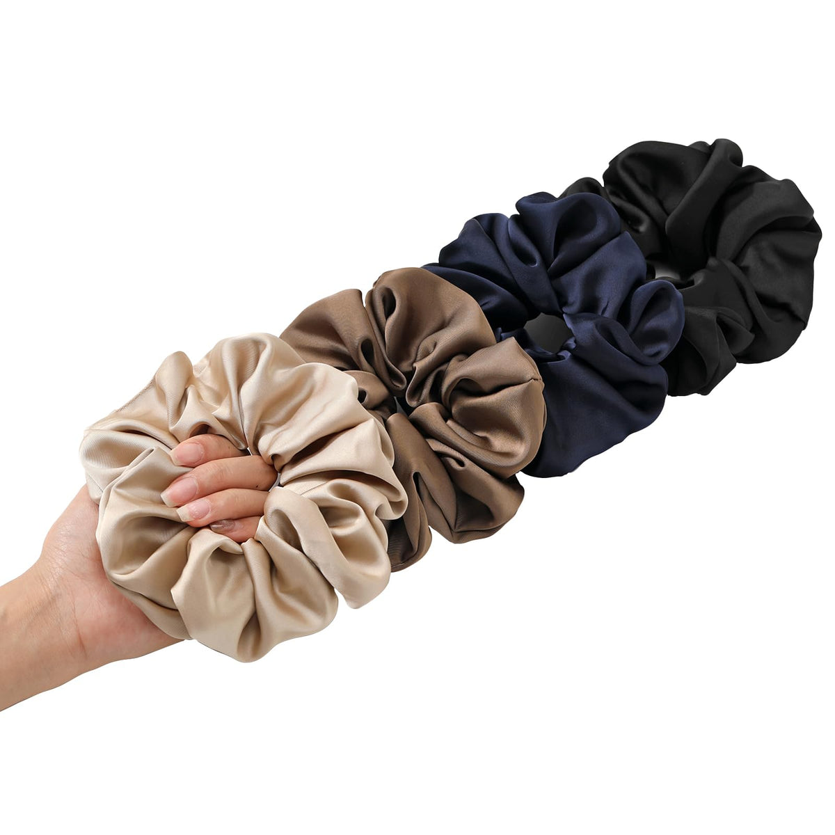 Helamvly front view of four-color satin scrunchies showing gift-ready packaging benefit