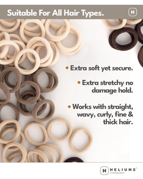 Heliums band stretched by hand showing elasticity and secure hold benefit for all hair types