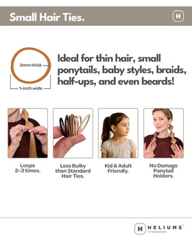 Heliums dark brown elastic securing a small ponytail showing neat finish