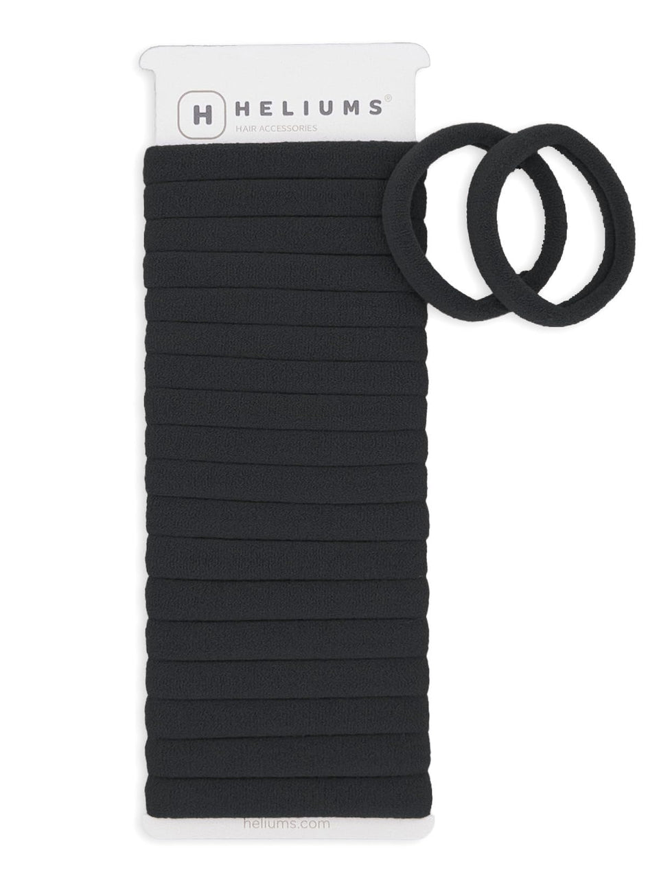 Heliums front packaging showing 20-pack black bands and tidy presentation benefit: organized storage