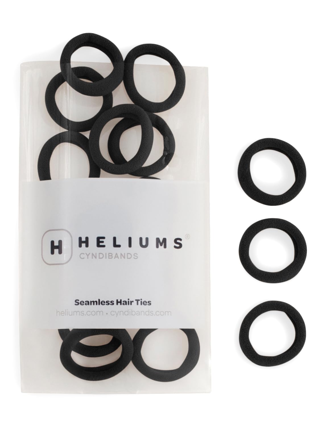 Heliums front packaging of black mini bands showing count and use benefit
