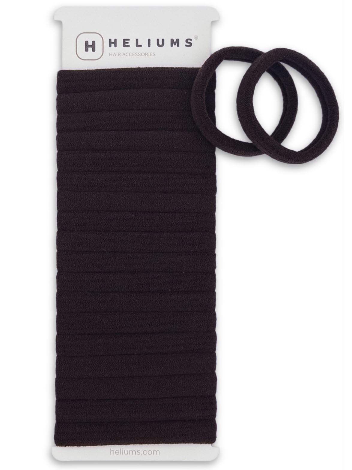 Heliums front pack of 20 dark brown hair ties shows neat value and color matching benefit