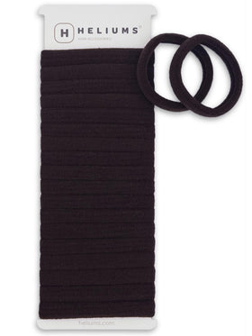 Heliums front pack of 20 dark brown hair ties shows neat value and color matching benefit