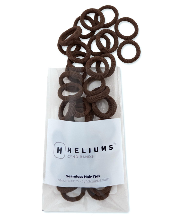 Heliums front packaging showing dark brown tiny hair ties and quantity