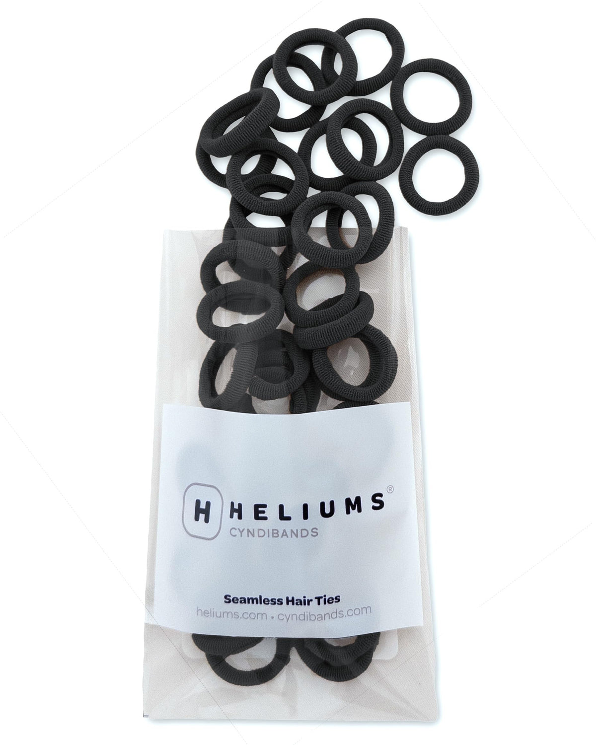 Heliums front packaging showing 40 black tiny hair ties benefits discreet storage