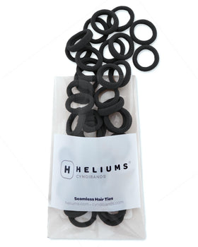Heliums front packaging showing 40 black tiny hair ties benefits discreet storage