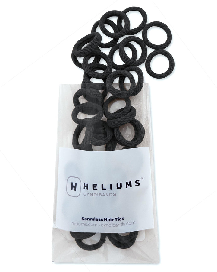 Heliums front packaging showing 40 black tiny hair ties benefits discreet storage