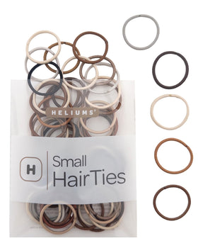 Heliums front packaging showing 48-count neutral mini hair ties, compact and organized