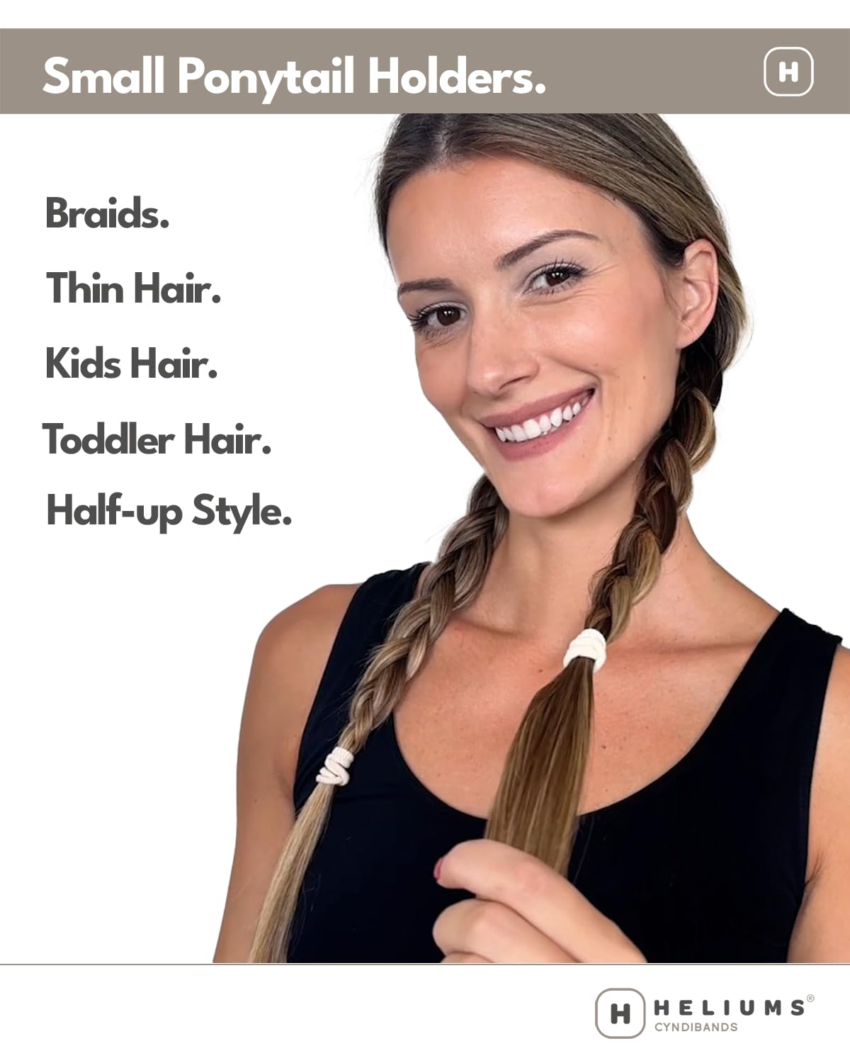 Heliums in child's ponytail demonstrating secure comfortable hold for kids