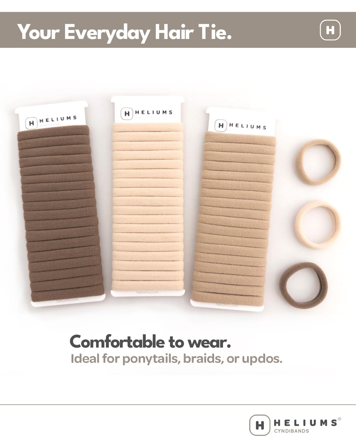 Heliums band worn in ponytail in neutral shade blending with hair benefit: discreet look