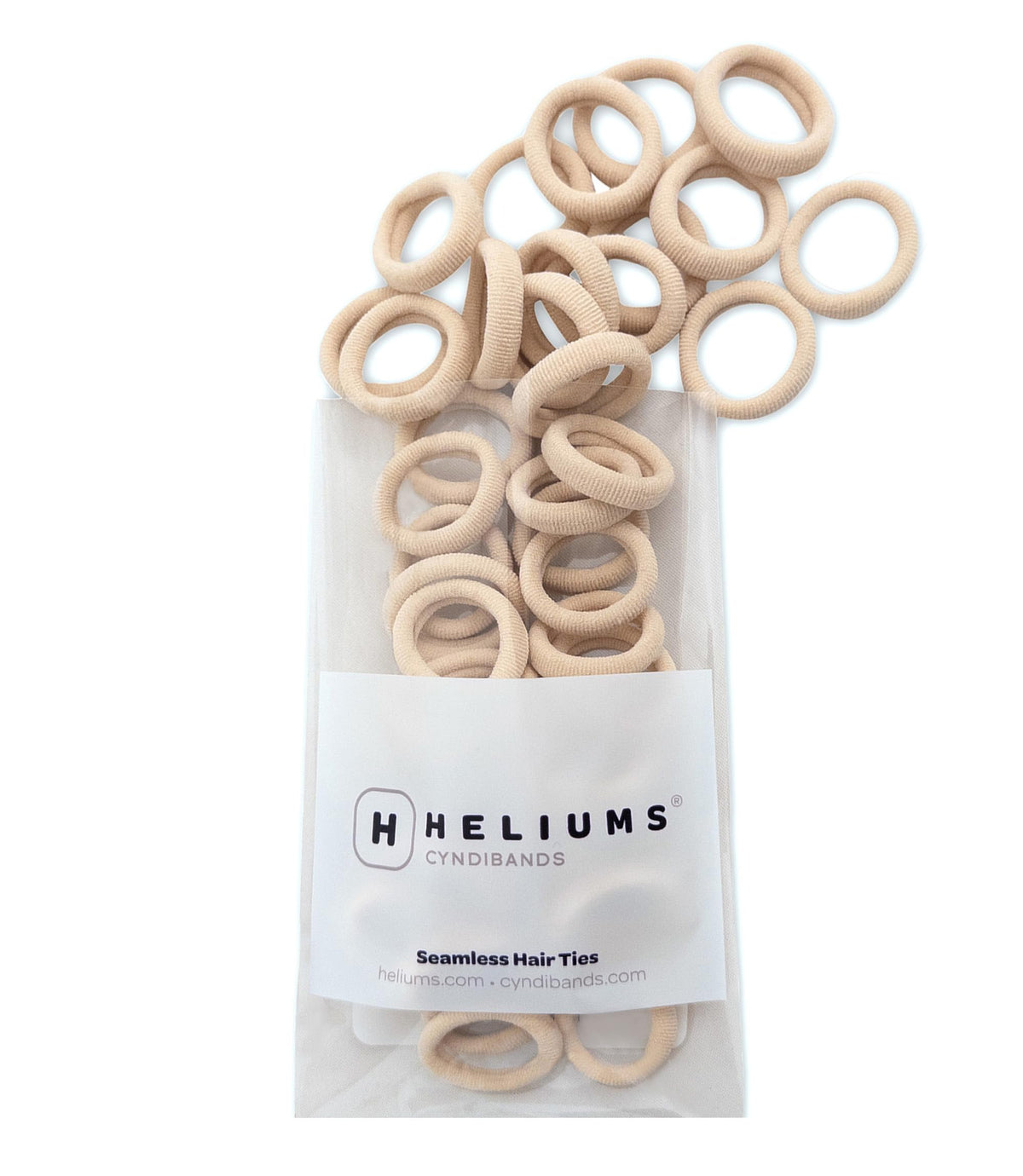 Heliums front pack of light blonde mini hair ties showing count and shade benefits
