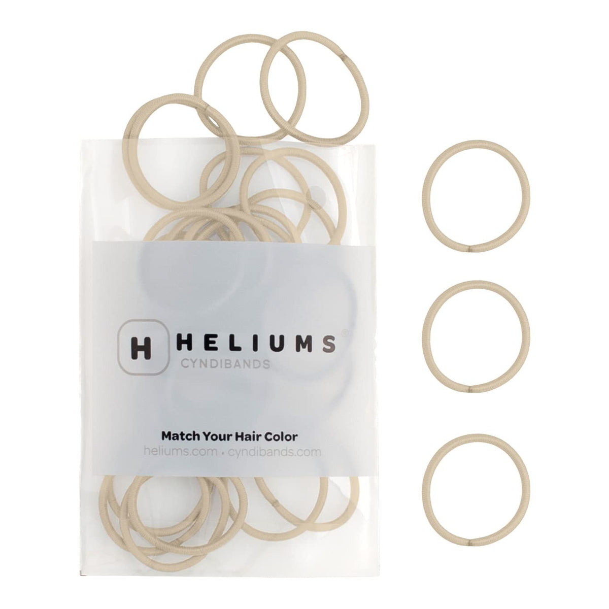 Heliums front pack view showing 48 light blonde mini hair ties and tidy storage benefit
