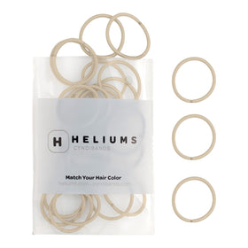 Heliums front pack view showing 48 light blonde mini hair ties and tidy storage benefit