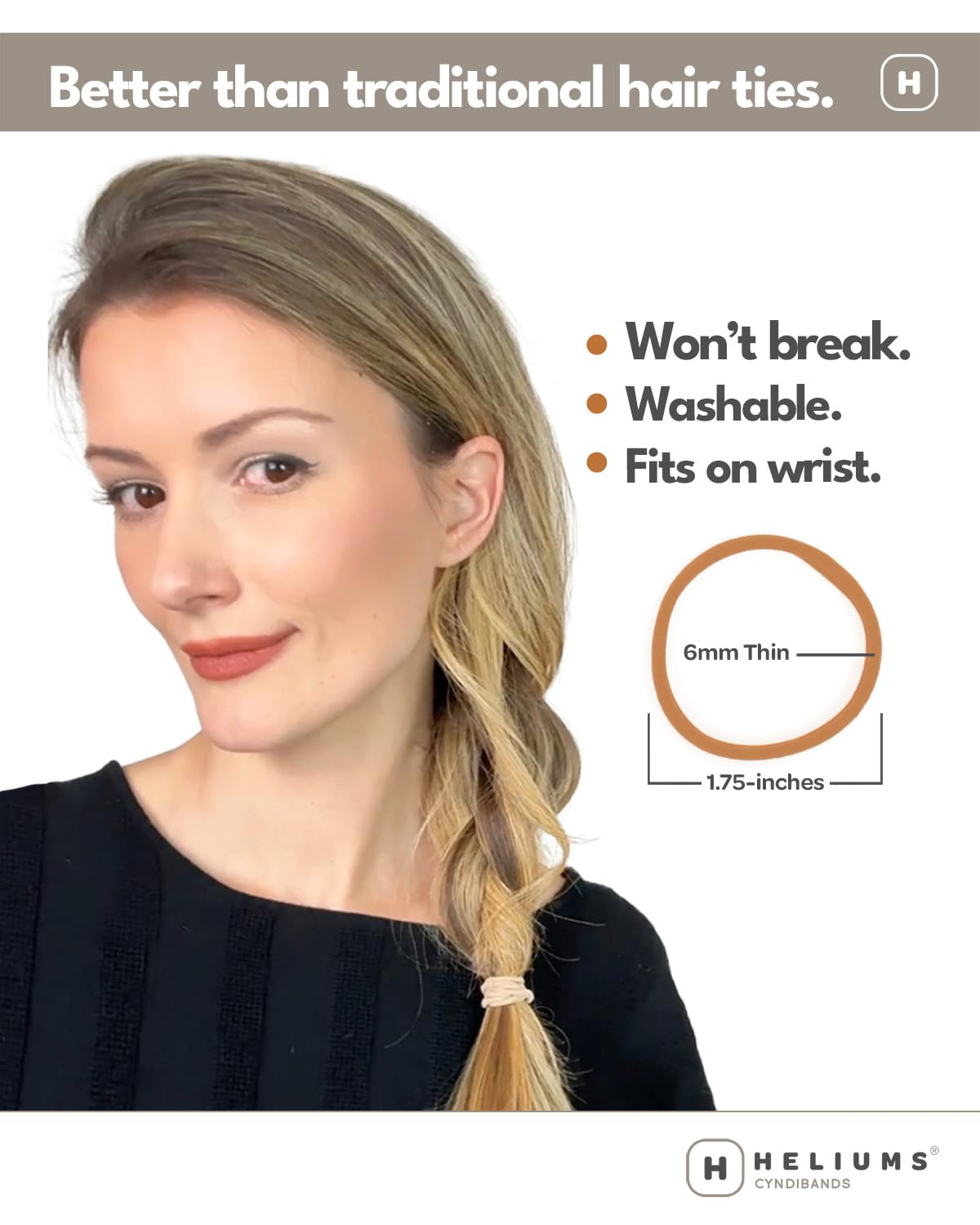 Heliums single hair tie detail highlighting seamless loop and flat profile