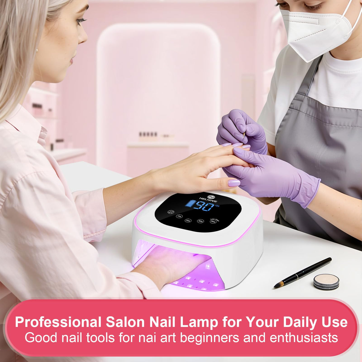 HELIVIVE in salon setting with tools, professional-looking portable curing solution